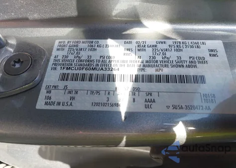 2021 Ford Escape S z USA, uszkodzony, nr VIN 1FMCU0F60MUA33264